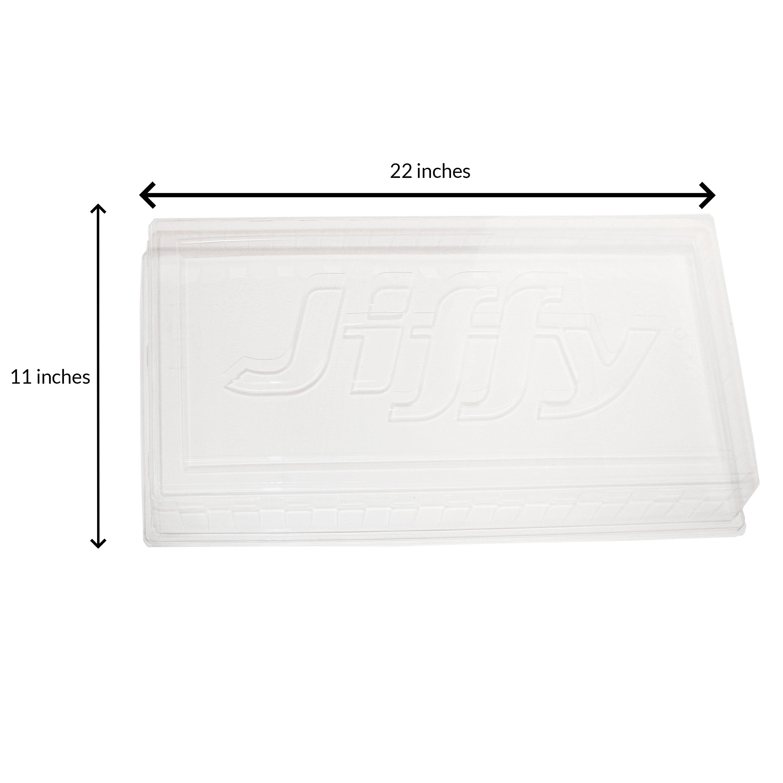 Jiffy clear humidity dome for seed starting and germination with measurements: 22" long by 11" wide